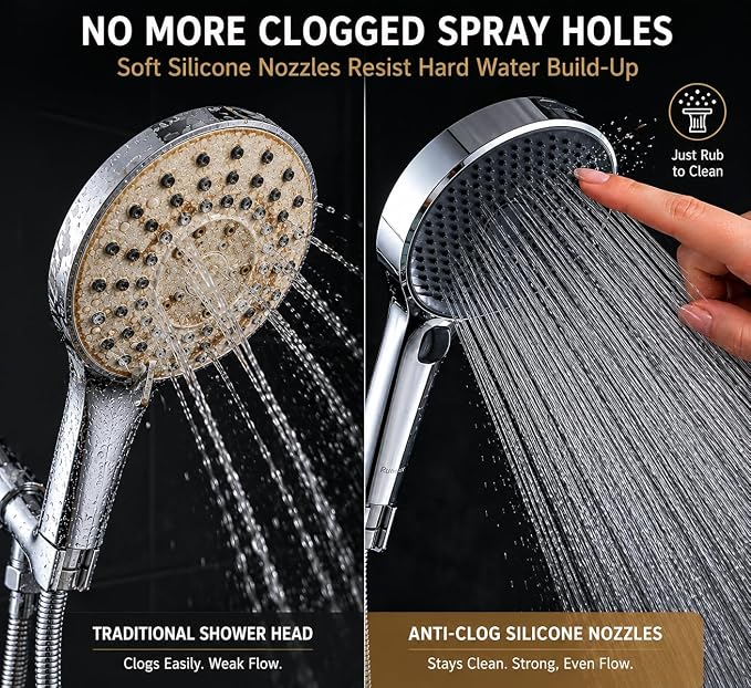 Handheld Shower Head with Scroll Wheel Flow Control, 4 Spray Settings with Built-in Continuous Power Wash, High Pressure Showerhead for Adults, Babies & Pets, Chrome (silver) (silver)