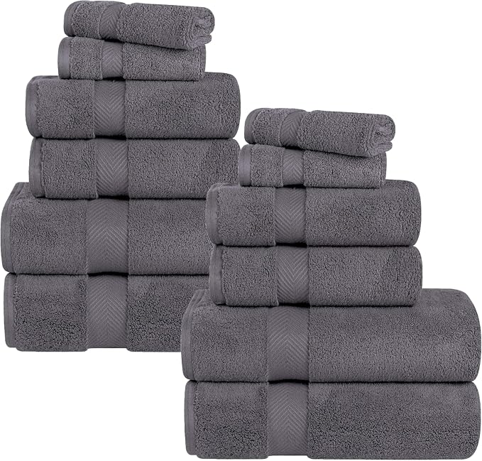 Superior Zero Twist Cotton 12 Piece Assorted Towel Set, Includes 4 Bath, 4 Hand, 4 Washcloth/Face Towels, Quick Dry, Home Essentials, Shower, Spa, Luxury Plush Soft Absorbent Towels, Grey