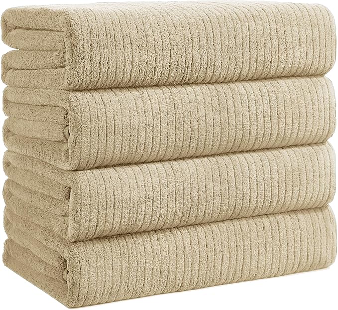 Bath Towels Set of 4 Extra Large 35 x 70 Inches,Luxury Thick High Absorbent and Quick Dry Bath Sheet,Ultra Soft Microfiber,Bathroom,Beach,Yoga,Sport,SPA,Fitness (Beige)