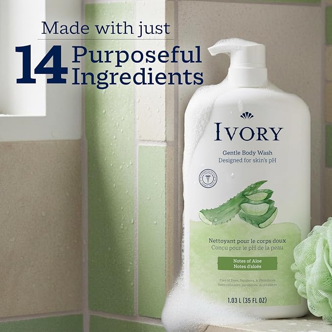 Ivory Gentle Body Wash, Designed for the Whole Family, Free of Dyes Heavy Perfumes Parabens Phthalates & Silicones, Aloe Scent, 35 oz