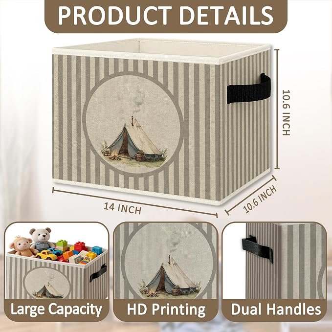 Vintage Camping Foldable Storage Bins Box with Handles, Neutral Striped Camping Camper Collapsible Organizer Basket for Campsite RV Cabin Bedroom Bathroom Clothes Books