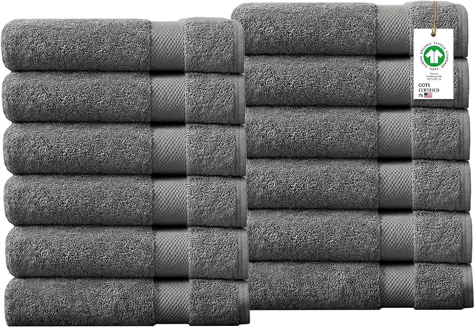 100% Organic Cotton Towels 650 GSM Plush Feather Touch Quick Dry Wash Cloth, Pack of 12 GOTS Certified, Oeko-Tex Green Certified, Organic Cotton Wash Cloth, 13"X13"