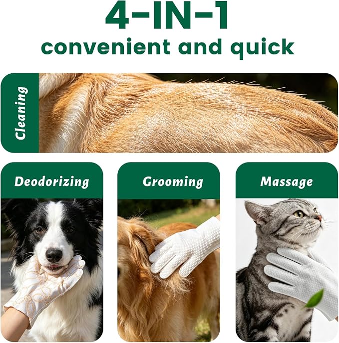 Arme Pet Bath Gloves Wipes for Dogs&Cats Cleaning Glove for Dry Bath,40 Pcs | 9.4"x9.25", 4-in-1 Double-Sided, Coconut Oil&Aloe,No-Rinse, Hypoallergenic, Thickened, Deodorizing, Daily Grooming&Travel