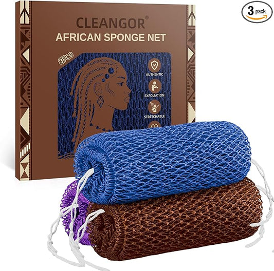Cleangor 3Pcs African Net Sponge Authentic with Knots - Exfoliating Body | Scrubber for All Skin Types, African Bath Sponge, Wash Cloth, Gentle Exfoliation Shower Rag for Women Daily Use