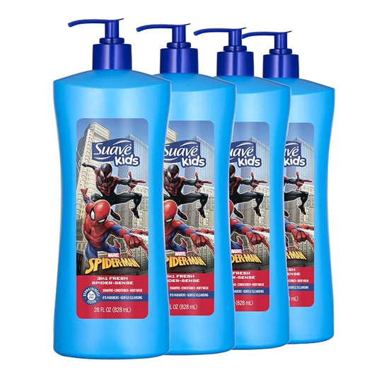 Suave Kids Marvel Spiderman 3 in 1 Shampoo, Conditioner, Body Wash, Fresh Spider Sense, Tear-Free & Gentle, Dermatologist Tested, 4 Count, 28 FL OZ Pump