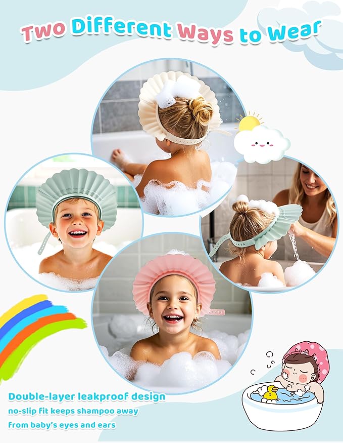 Kids Shower Cap, Baby Hair Washing Shield, Bath Visor for Toddlers, Bathing Head Face Eye Ear Protector, Air Cushioned Shampoo Caps with 20-Size Adjustment for 6Month+ to Adult (Pink)