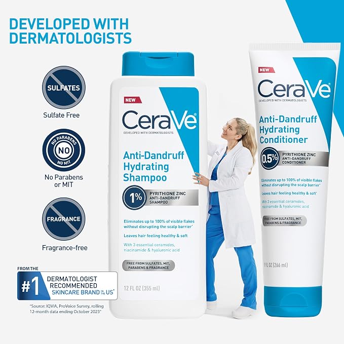 CeraVe Hydrating Anti Dandruff Shampoo, 1% Pyrithione Zinc Dandruff Treatment With Ceramides, Niacinamide & Hyaluronic Acid, Helps Eliminate Flakes & Provides Itchy Scalp Relief, Sulfate Free, 19 Oz