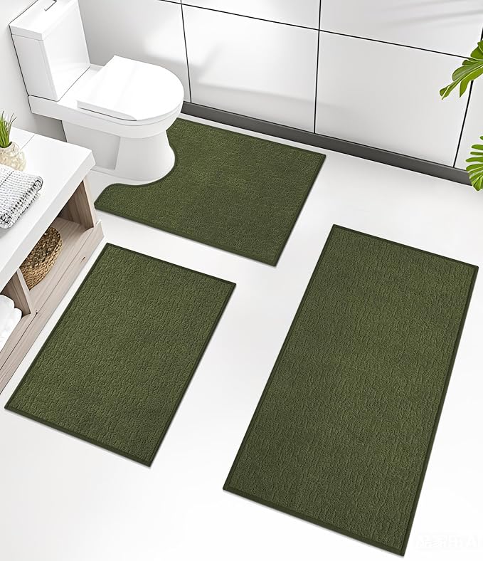 chakme Bathroom Rug Sets 3 Piece, Ultra Thin Quick Dry Bath Mat Set, Absorbent Bath Mat for Bathroom Non Slip Machine Washable, (Dark Green, 3 Piece)