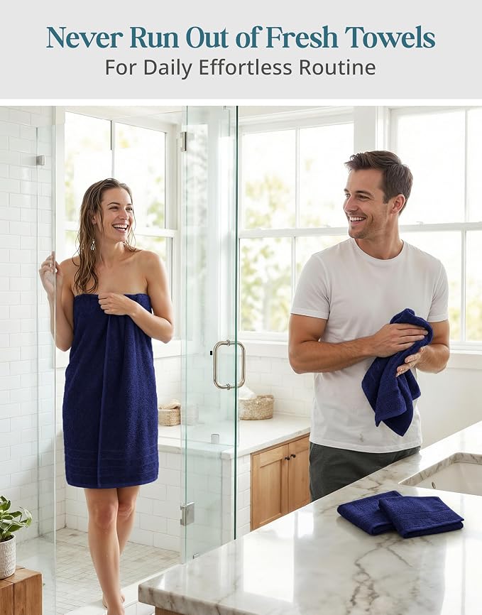 Casa Platino 100% Cotton Bath Towels - 8 Pcs Luxury Set - Soft, Absorbent & Durable - 2 Bath, 4 Washcloths, 2 Hand Towels for Bathroom - Sustainably Produced & Designed for Everyday use - Navy Blue