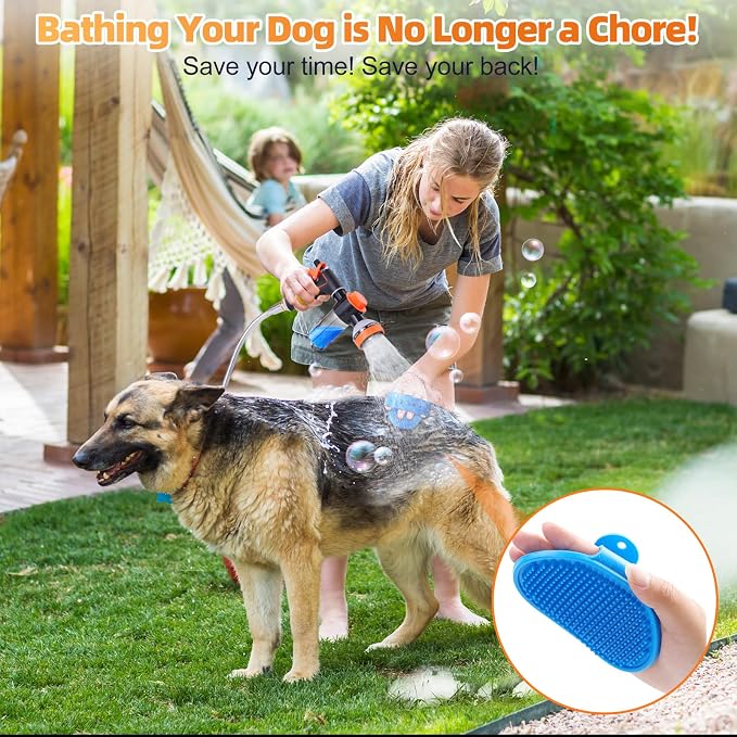 Dog Shower Attachment with Soap Dispenser, Upgraded Dog Washing Hose Attachment for Pet Bathing, High Pressure Foam Sprayer with 10 Spray Modes and Grooming Brush