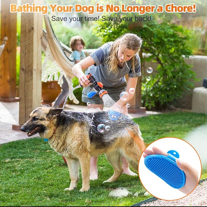 Dog Washing Hose Attachment with Soap Dispenser, Upgraded Dog Shower Attachment for Pet Bathing, High Pressure Foam Sprayer with 10 Spray Modes & Grooming Brush