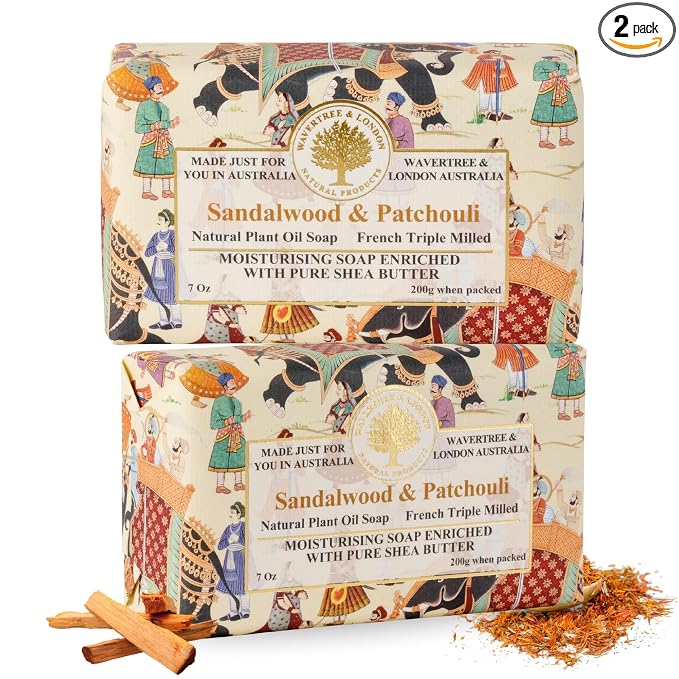 Wavertree & London Sandalwood & Patchouli Scented Natural Soap (2 Bars), 7oz Moisturizing French Triple Milled Soap Bars enriched with shea butter - Pure Plant Oil Bath & Body Bars for All Skin Types