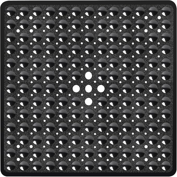 Black Square Shower Bathtub Mat Non Slip 21x21 Inch, Soft Bath Mat for Inside Shower Tub, Shower Stall Mats for Bathroom Floor, Big Suction Cups Drain Holes, Easy Washable and Dry, BPA-Free