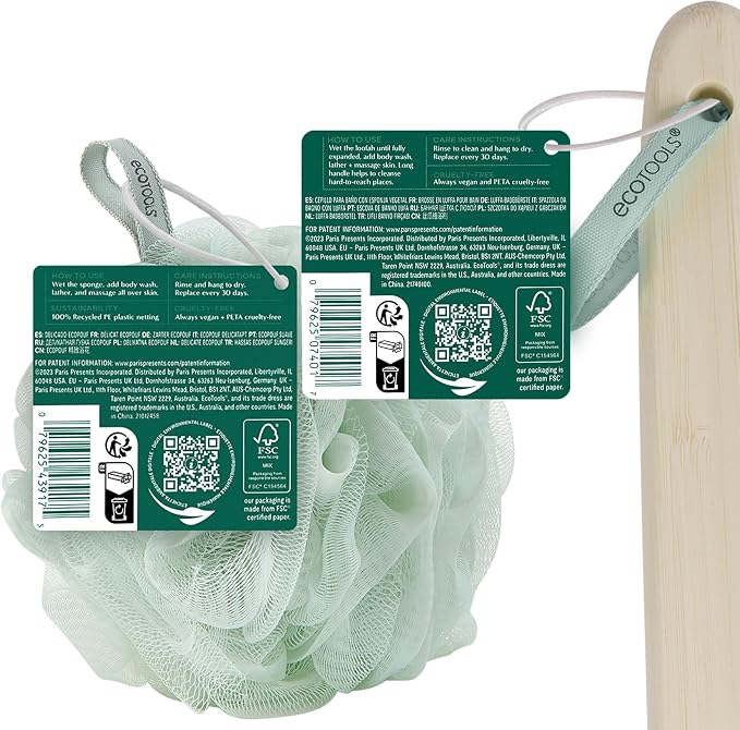 EcoTools Loofah Bath Brush with Long, Ergonomic Bamboo Handle + Green Delicate EcoPouf Made with Recycled Netting for Cleansing & Exfoliating Sensitive Skin, Self-Care Gifts
