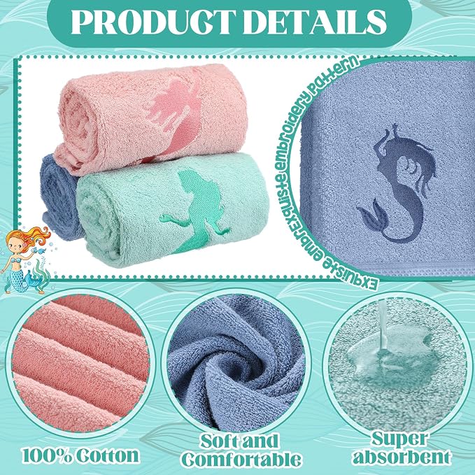 Hahafelt 3 Pack Coastal Mermaid Hand Towels for Bathroom 100% Cotton Embroidered Beach Bathroom Towels 13.78 x 29.53 Inch Soft Absorbent(Pink Green Blue, Mermaid)
