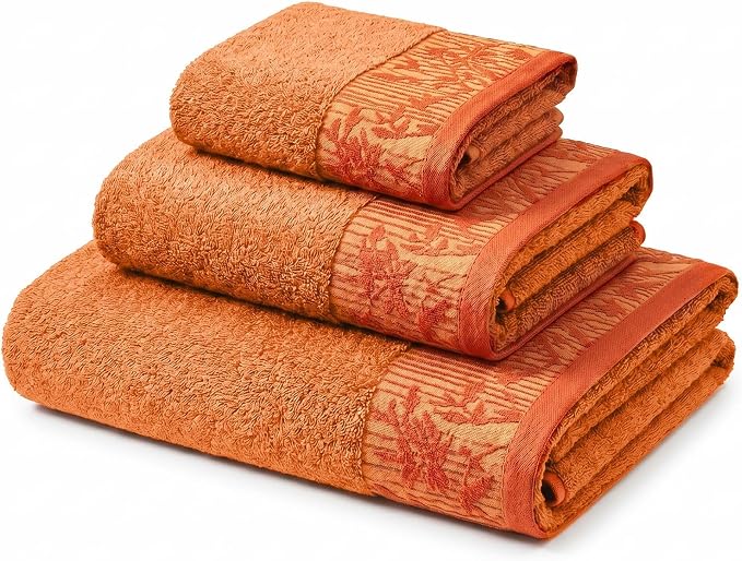 Superior Floral Jaquard Cotton Bathroom Towels, 3pc Set, Mandarin Orange | Soft Absorbent Quick Dry Terry Weave, Hotel Quality, Wisteria Towels Includes 1 Bath Towel, 1 Hand Towel, 1 Face Washcloth