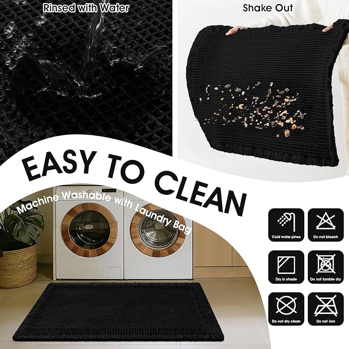 Extra Large Waffle Bath Mat, 6'x2' Black-Bordered, Super Absorbent Non-Slip Quick Dry Bathroom Rugs with Tassels, Machine Washable Ultra Soft Boho Bath Rugs for Floor, Toilet Mats Boho Farmhouse Decor