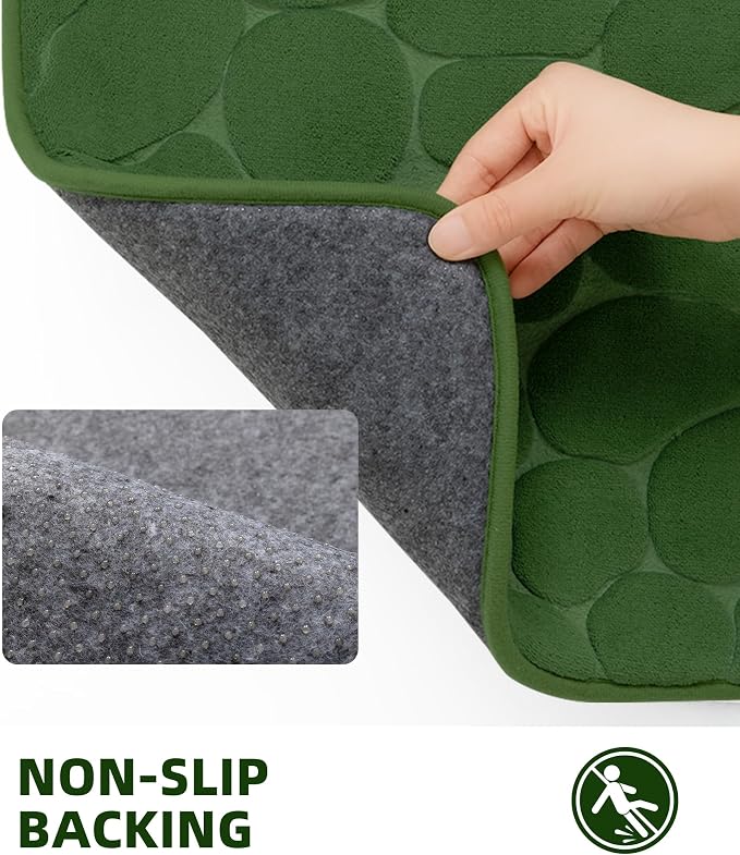 YIHOUSE Memory Foam Runner Rug, Cobblestone Bathroom Runner Rugs Super Water Absorbent Bath Mats for Bathroom Machine Washable Bath Rugs for Hallway Bedroom Laundry Room(24 x 47,Green)