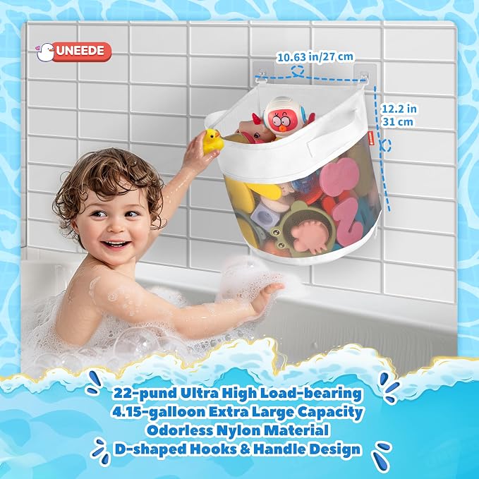 UNEEDE Bath Toy Organizer,4.15 Gallons Bathtub Toy Storage Organizer,Quick Access Bath Toy Holder For Bathtub,Baby Organizer And Storage,Quick Dry Baby Bath Toy Storage For Tub,Mesh Shower Caddy(Gray)