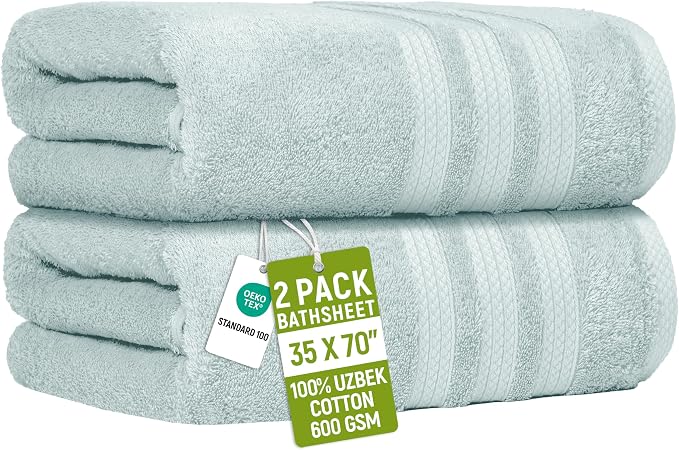 Bath Sheets 2 Pack Extra Large 35 x 70 Inches 600 GSM 100% Ring Spun Combed Uzbek Cotton Bath Towels Oeko-TEX Certified Soft Highly Absorbent Quick Dry – Mint