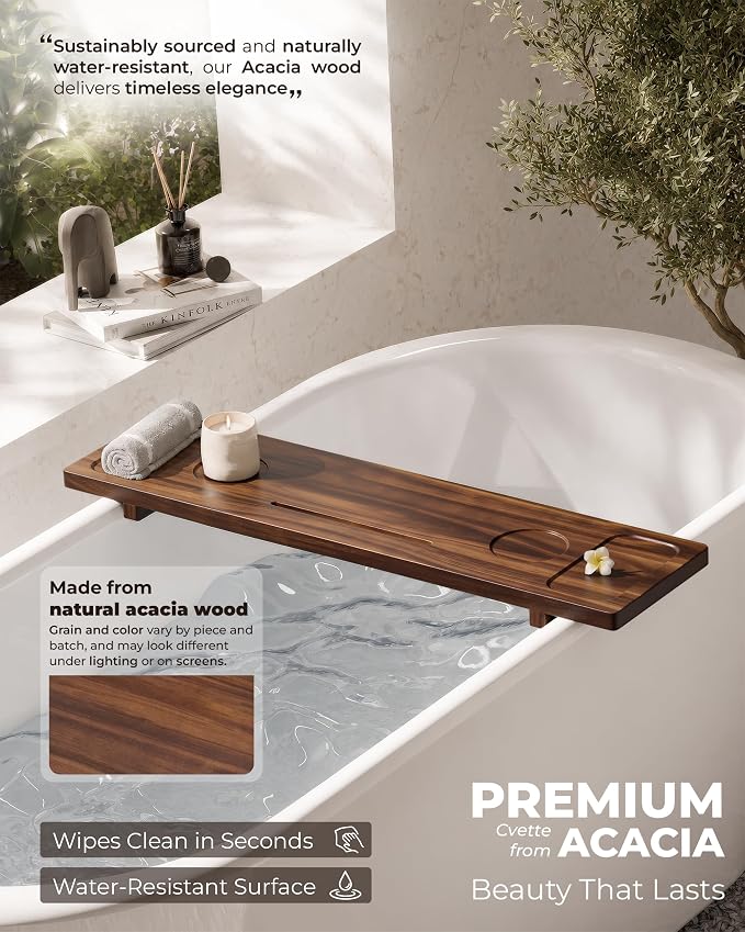 Acacia Wood Bathtub Caddy Tray for Tub, 34.6" Adjustable Bath Tray with Tablet Slot, Wine Glass Holder, Anti-Tip Legs, Spa Bath Table for Relaxing Bath Time