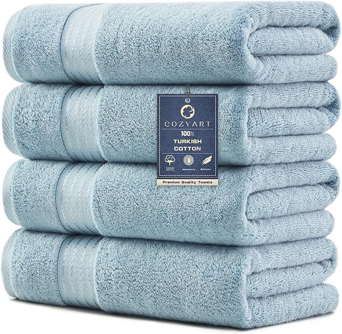 COZYART Luxury Bath Towels 4 PCS, 27x54 650 GSM Turkish Cotton, Light Blue | Zero Twist 100% Ring Spun Cotton, Fluffy, Ultra Soft, Super Absorbent, Quick Dry, Large Towels for Hotel Spa Bathroom Shower