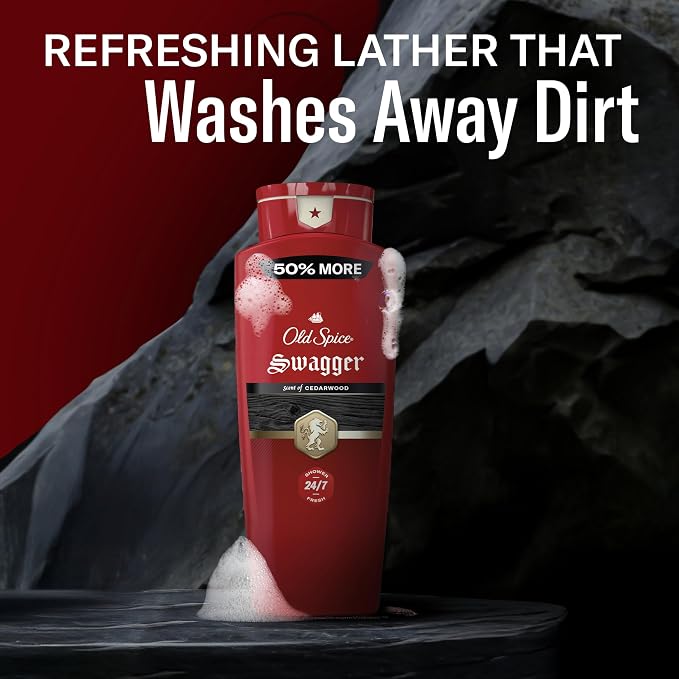 Old Spice Refreshing Body Wash for Men, 3X Defense, 24/7 Shower Fresh with Long Lasting Scent, Red Collection, Swagger with Cedarwood Scent, 24 oz (Pack of 2)