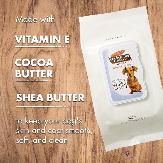 Palmer's for Pets Cocoa Butter Formula Refreshing Wipes for Dogs and Puppies - Paraben Free, Phthalate Free Dog Grooming Wipes with Vitamin E, Gentle Daily Use, 100 Count