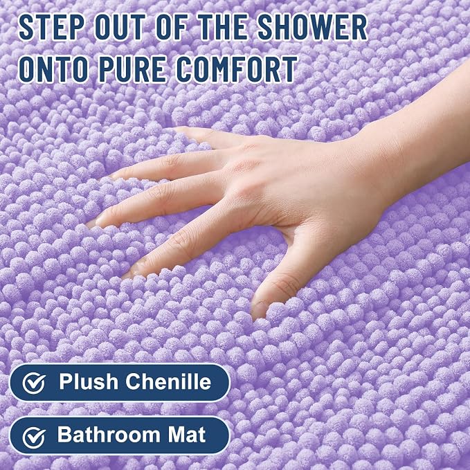 Grandaily Chenille Striped Bathroom Rugs 70x24, Extra Thick and Soft Absorbent Bath Mats, Rubber Backing, Plush Shaggy Shower Carpet, Machine Wash Dry, Bath Rug for Bathroom, Light Purple