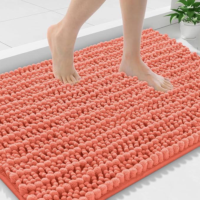 Smiry Bathroom Rugs Mat 47x24, Extra Soft Absorbent Chenille Bath Rugs, Non Slip Rubber Backing Machine Washable Quick Dry Bath Mats for Bathroom Floor, Tub, Shower, Home Decor Accessories, Coral