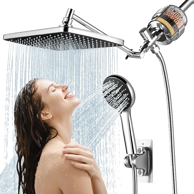 Filtered Shower Head with Handheld Combo,11.8 Inch Large Rectangular Chrome Rain Shower Head with 5 Modes Handheld Spray Combo,Adjustable Double Shower Heads with Holder and 11'' Extension Arm