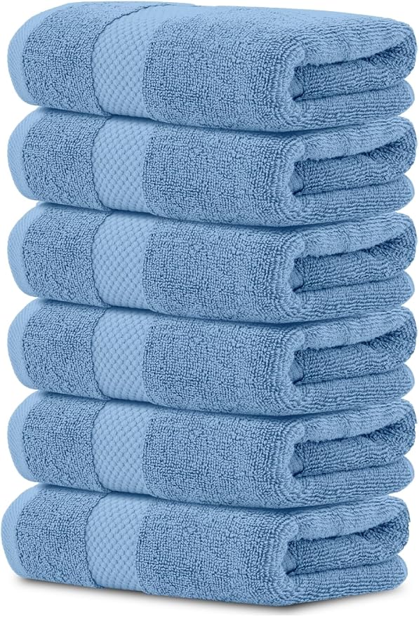 White Classic Luxury Light Blue Hand Towels - Soft 100% Turkish Cotton | Highly Absorbent Hotel spa Bathroom Towel Collection | 16x30 Inch | Set of 6