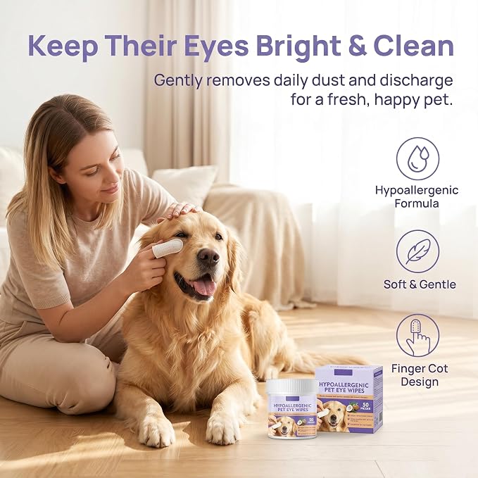 JoanofArc Eyes Wipes for Dogs, Pet Tear Stain Remover Wipes, Hypoallergenic Pet Glove Wipe for Dogs & Cats, Gently Remove Discharge, for Fur, Butt, Paws, Eyes, Ears, Quick Clean & Deodorizing, 50PCS
