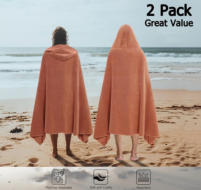 COTTON CRAFT Giant Hooded Towel – 2 Pack Oversized Extra Large 35 x 70 - Plush 600 GSM Soft Towel with Hood for Adults - Absorbent 100% Cotton Ringspun Terry Pool Beach Bath Sheet Wrap – Mocha
