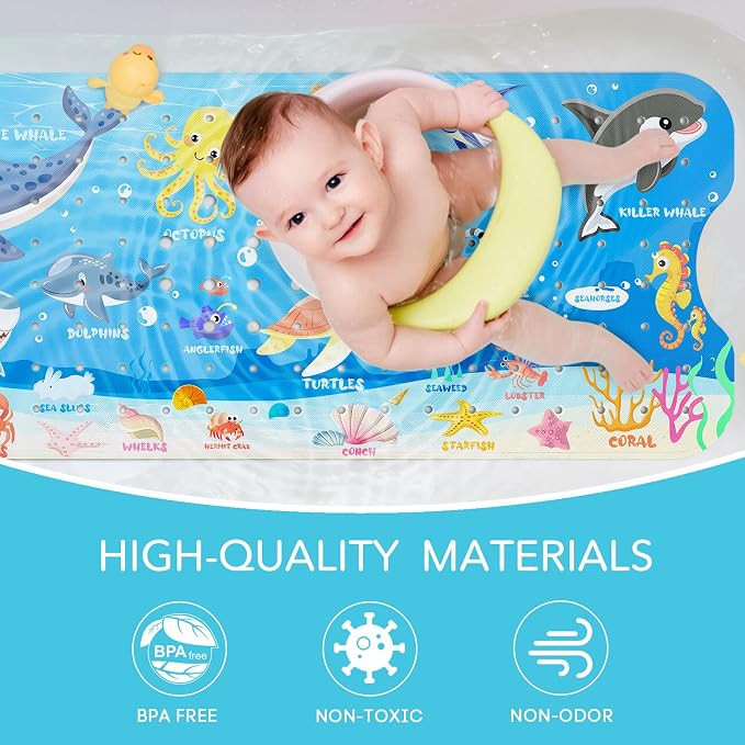 SHUCHING Baby Bath Mat for Tub Non Slip-40x16 Inch, Blue Ocean Animal | Bathtub Mat for Kids & Toddler Mold Free, Long Shower Mat for Inside Shower with Suction Cup, Machine Washable