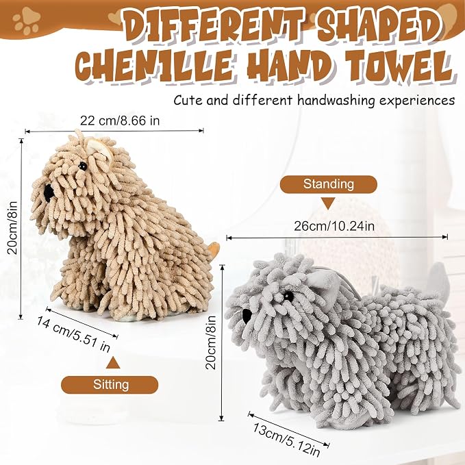 Tegeme 2 Pcs Chenille Dog Hand Towel Fuzzy Towel Absorbent Microfiber Soft for Bathroom Kitchen Washstand (Khaki Grey,Siting and Standing Dog)
