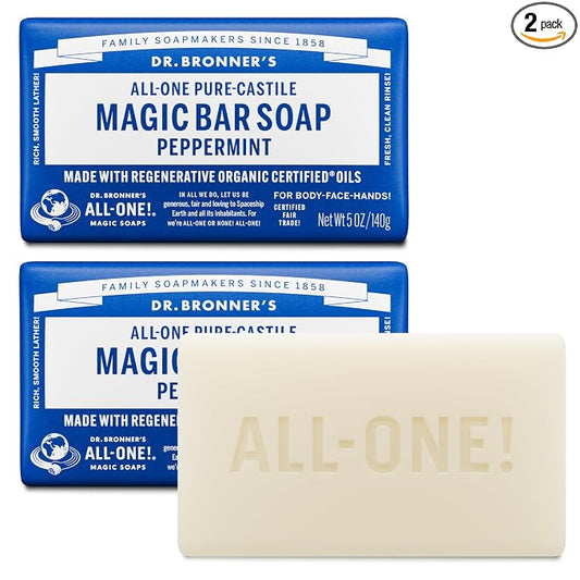 Dr. Bronner's Pure-Castile Magic Bar Soaps (Peppermint, 5oz, 2-Pack) – Made with Regenerative Organic Certified Oils, Soap Bars for Men & Women, Gentle for Face & Body, Vegan, Non-GMO