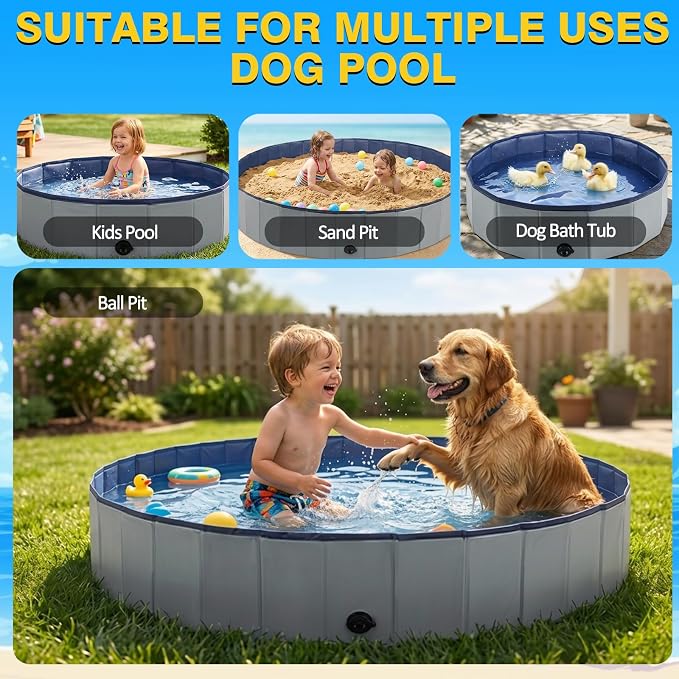 Eooqi Foldable Dog Pool, Collapsible Pet Bath Tub & Kiddie Wading Pool, Portable Hard-Side Dog Swimming Pool for Puppies, Small & Medium Dogs, Cats and Kids (Gray, 48"-L)