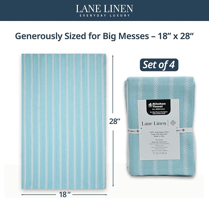 LANE LINEN Kitchen Towels Set - Pack of 4 Cotton Dish Towels for Drying Dishes, 18”x 28”, Kitchen Hand Towels, Absorbent Tea, Dish Towels, Quick Drying Towel Set - Aqua