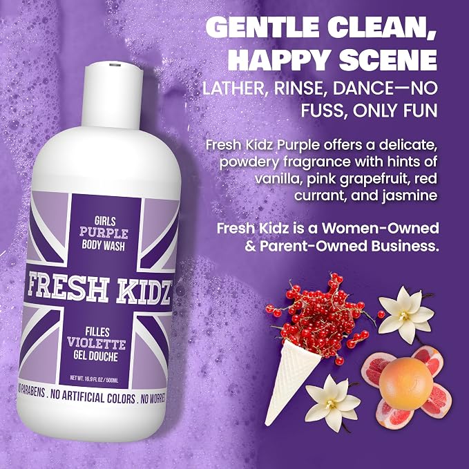 Fresh Kidz Body Wash for Kids and Teens - Gentle Bath and Shower Cleanser for All Skin Types - Girls Purple, 16.9 Fl. oz.