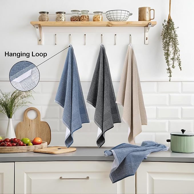 Mordimy Premium Kitchen Towels 6 Pack (18 x 28 Inches, Navy Blue/Khaki/Black), Large Cotton Flat & Terry Kitchen Hand Towel, Super Absorbent Tea Dishtowels Set with Hanging Loop