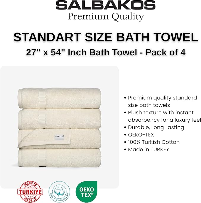 SALBAKOS 100% Turkish Cotton Bath Towel Set of 4, 27x54 inch | Premium Quality | Hotel & Spa Collection | Ultra Soft, Super Absorbent, Long Lasting Bath Towels | Made in Turkey (Ivory, 4 Bath Towels)