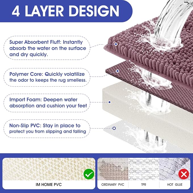 Striped Mauve Bathroom Rug Set 3 Pieces Ultra Soft, Non Slip Chenille Bath Carpet, Absorbent Plush Shaggy Bath Mats for Bathroom, Toilet, Bedroom, Kitchen
