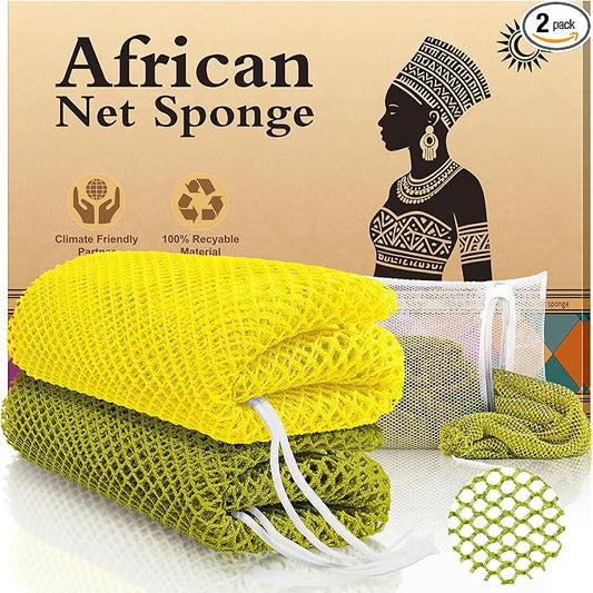 Real African Net Sponge - 2 Pieces Authentic Exfoliating Body Scrubbers - Ultra-Gentle for Sensitive/Dry/Oily Skin - Shower & Bath Essential (Army Green & Yellow)