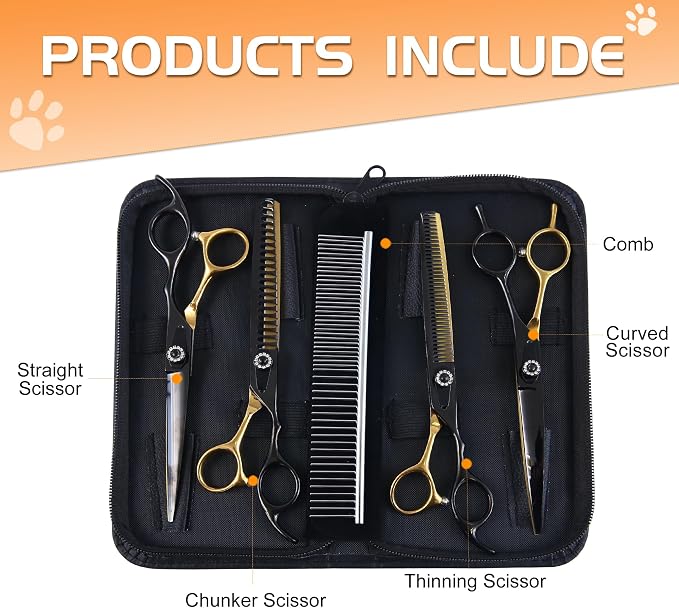 7 Inch Professional Dog Grooming Scissors Kit, 6 in 1 Grooming Scissors for Dogs, Pet Grooming Shears Set, Straight Scissor & Thinning Shear & Curved Scissor & Chunker Shear (Black Gold)