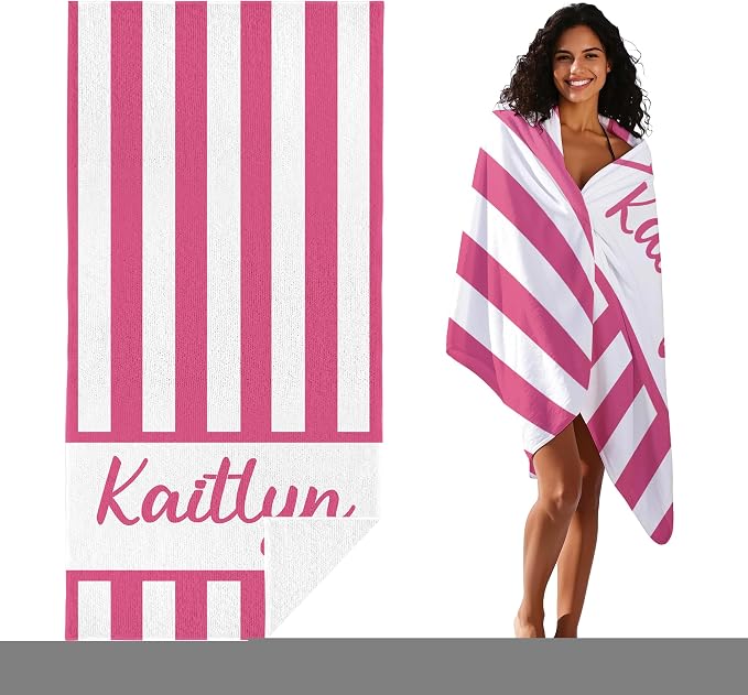 JML Personalized Beach Towel with Name, Custom Cabana Stripe Beach Towel, Customized Microfiber Pool Towel, Quick Dry & Absorbent Swim Towel for Adult,Anniversary, Birthday, Summer Holiday,Vacation