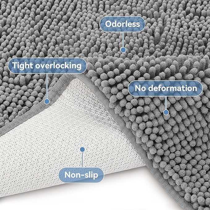Bcoimo 44x24 Chenille Bath Mat – Non-Slip with Backing Bath Rug Ultra-Absorbent and Machine Washable Bathroom Mat Quick-Dry Design. Ideal for Bathroom Shower and Tub Areas