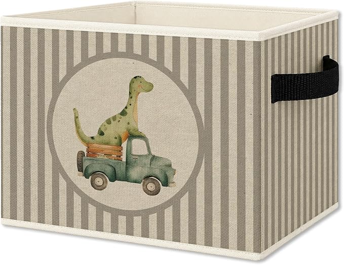 Dinosaur Truck Boy Nursery Foldable Storage Bins Box with Handles, Neutral Striped Dinosaur Truck Playroom Collapsible Organizer Basket for Kids Boys Room Bedroom Bathroom Clothes Books