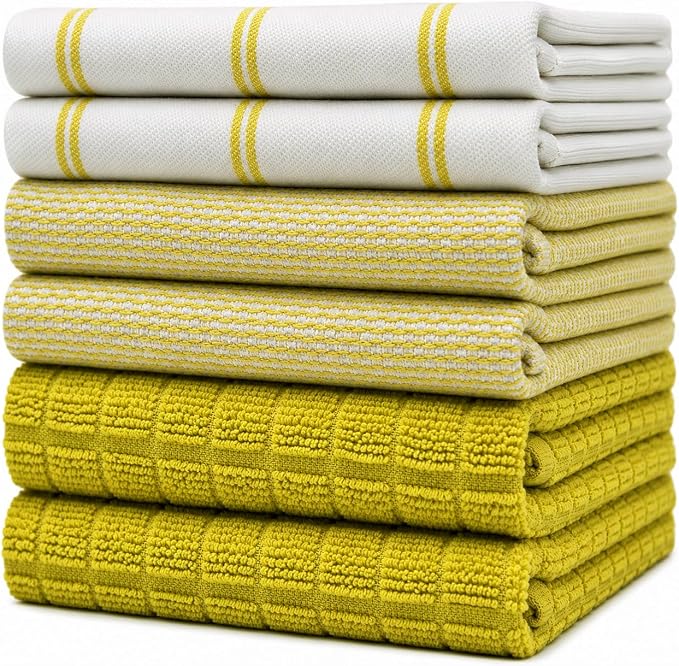 Premium Kitchen Towels (20”x 28”, 6 Pack) | Large Cotton Dish Towels | Flat & Terry Highly Absorbent Kitchen Linen Set with Hanging Loop | Lime Green Check