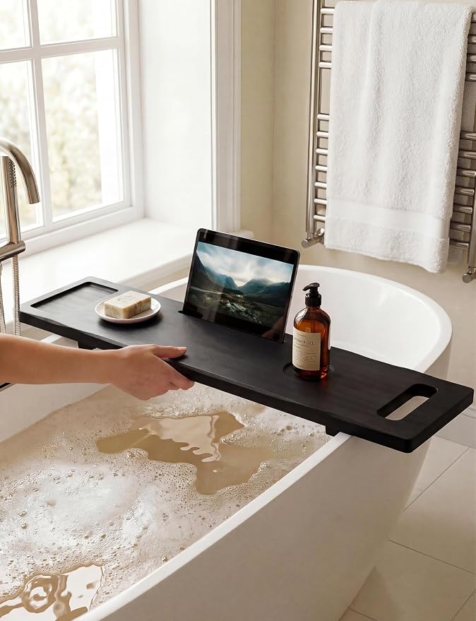 Tinamo Acacia Bathtub Caddy Tray Table | 39x9.8 Inch Large Bath Tub Wooden | Anti-Tipping, Sustainable Tub Tray for Bath tub | Bath-tub Accessories Holders for Bath-tub (Black Color) | Acacia Wood, Adjustable Legs, Easy Assembly, Fits Most Tubs, Wide S...